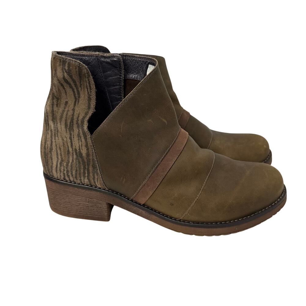 Naot Emerald Boots Womens 11 Olive Brown Leather Ankle Bootie Side Zip